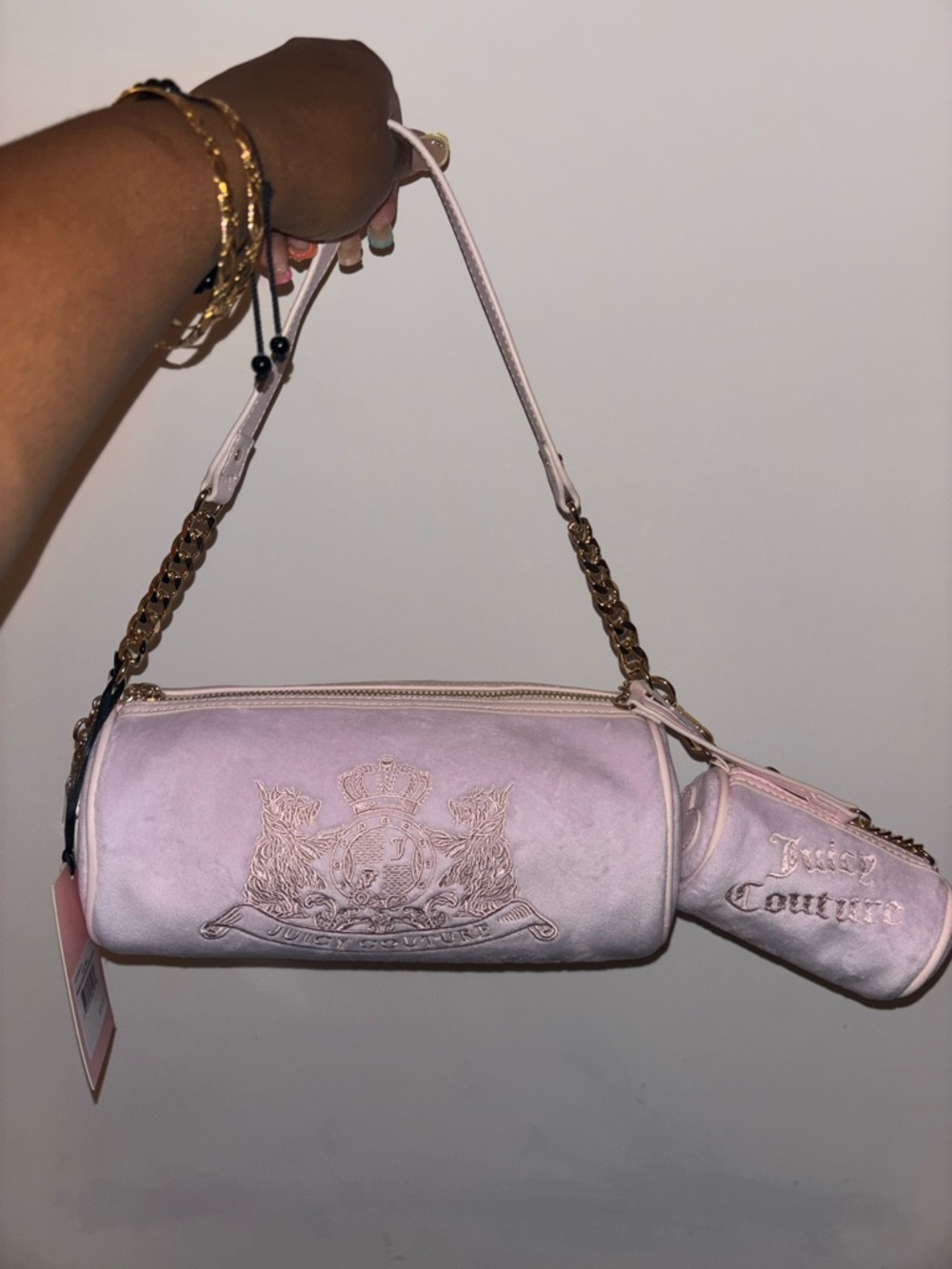 Juicy Couture Light Pink Velvet Barrel Shoulder Bag with Coin Pouch